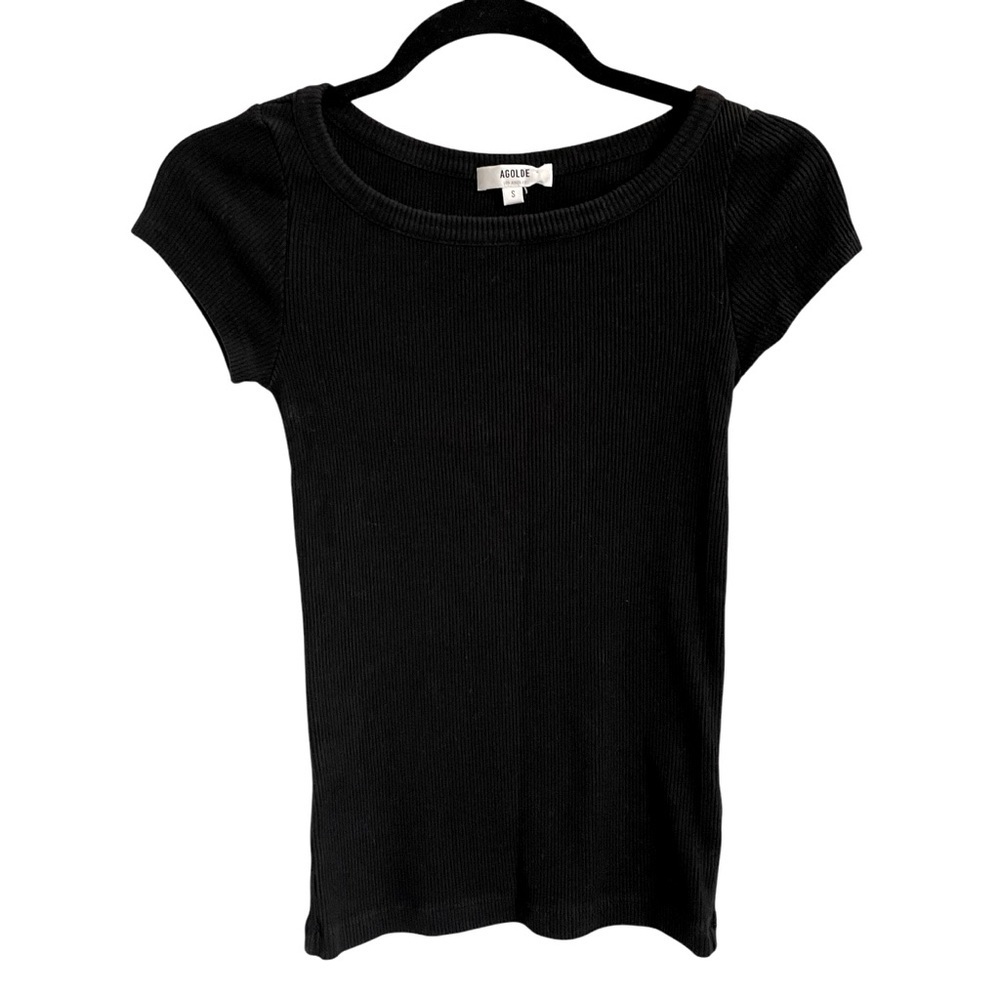 Good American Black Ribbed Short‎ Sleeve Top Size S